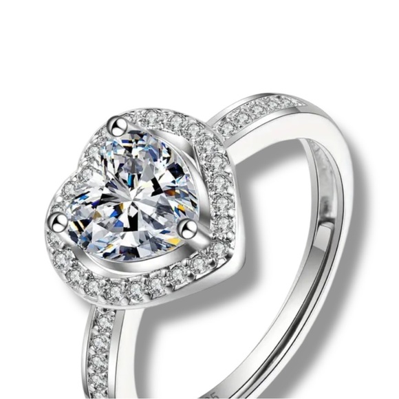 Silver Heart Cut Stone Ring with Pave Detailing Adjustable - Picture 6 of 14